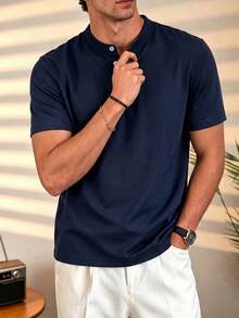 Camiseta casual de manga corta con cuello Henley para hombre, adecuada para uso diario y estilo casual de negocios - Azul Marino - Ver 4