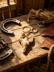 1pc Vintage Western Bull Skull Keychain With Small Bell, Gold Hardware Bag Charm, Cowboy Ranch Accessory - Multicolor - View 2