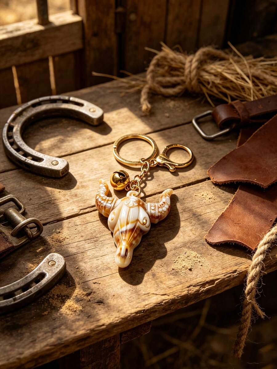 1pc Vintage Western Bull Skull Keychain With Small Bell, Gold Hardware Bag Charm, Cowboy Ranch Accessory