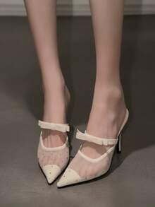 2026 Nuevos Zapatos de Tacón Alto de Talla Grande Color Blanco Crema con Malla de Strass, Lazo, Tirante Único, Punta Afilada, Tacón de Aguja, Espalda Descubierta y Medio Sling - Blanco - Ver 5