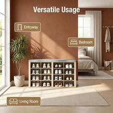HaluPeit 16 Grid Efficient Storage Shoe Changing Stool Shoe Cabinet, Open Grid Design, Adjustable Shelves, Retro/White Color - Beige - View 4