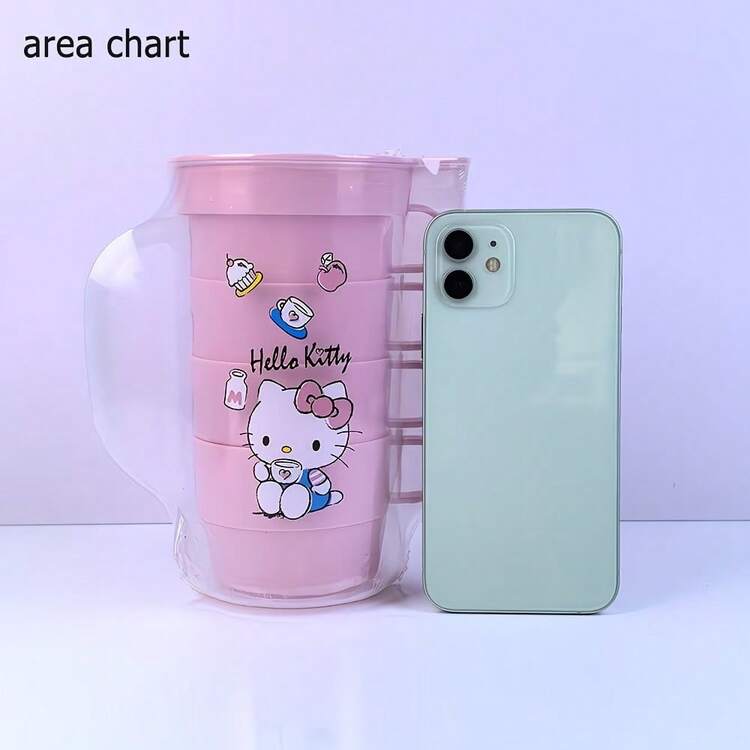 SANRIO 5-Piece Water Pitcher Set Includes 1 Cold Water Jug And 4 Stackable Cups With Handles. Made Of Lightweight Plastic, Dust-Proof Lid Keeps Drinks Clean. Stackable Design Saves Storage Space, Suitable For Home Kitchen, Office And Outdoor Picn - Multicolor - View 3
