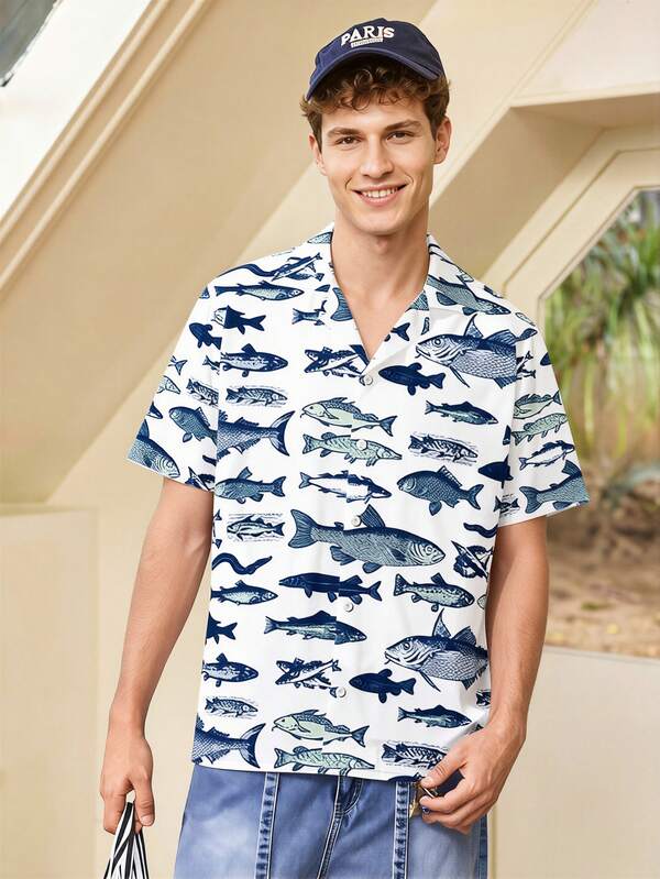Whitmere Plus Size Men's Vintage Fish Print Short Sleeve Shirt, Casual Hawaiian Beach Shirt, Retro Ocean Fish Pattern Button-Down Shirt