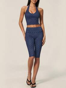 TimeOff Women's One Set Polka Dot Halter V-Neck Backless Tank Top & Bermuda Shorts Sports Set - Navy Blue - View 7