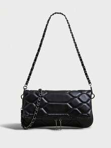 Bolso de hombro de piel sintética con solapa multicapa y cadena, almacenamiento compartimentado con bolsillos de doble cremallera, casual y versátil, adecuado para el desplazamiento diario y las compras - Negro - Ver 7