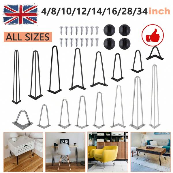 Metal And Industrial Hairpin Legs Black DIY Hairpin Table Legs Sturdy 2 Rod Modern Furniture Legs Heavy Duty 10mm Steel Hairpin Legs With Screws And Floor Protector Feet, Set Of 4