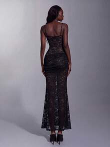 Elegant Spaghetti Strap Lace Dress, Ruched Waist Design, Perfect For Parties, Evening Events, Photoshoots And More - Black - View 3