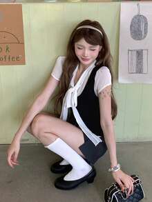 甜美風白色薄款綁帶短袖襯衫搭配無袖背心 2件套 夏季黑色優雅 - 黑色 - 查看 8