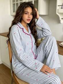 2pcs Women's Striped Print Long Sleeve Top + Elastic Straight Leg Pants Loungewear Set - Blue - View 1