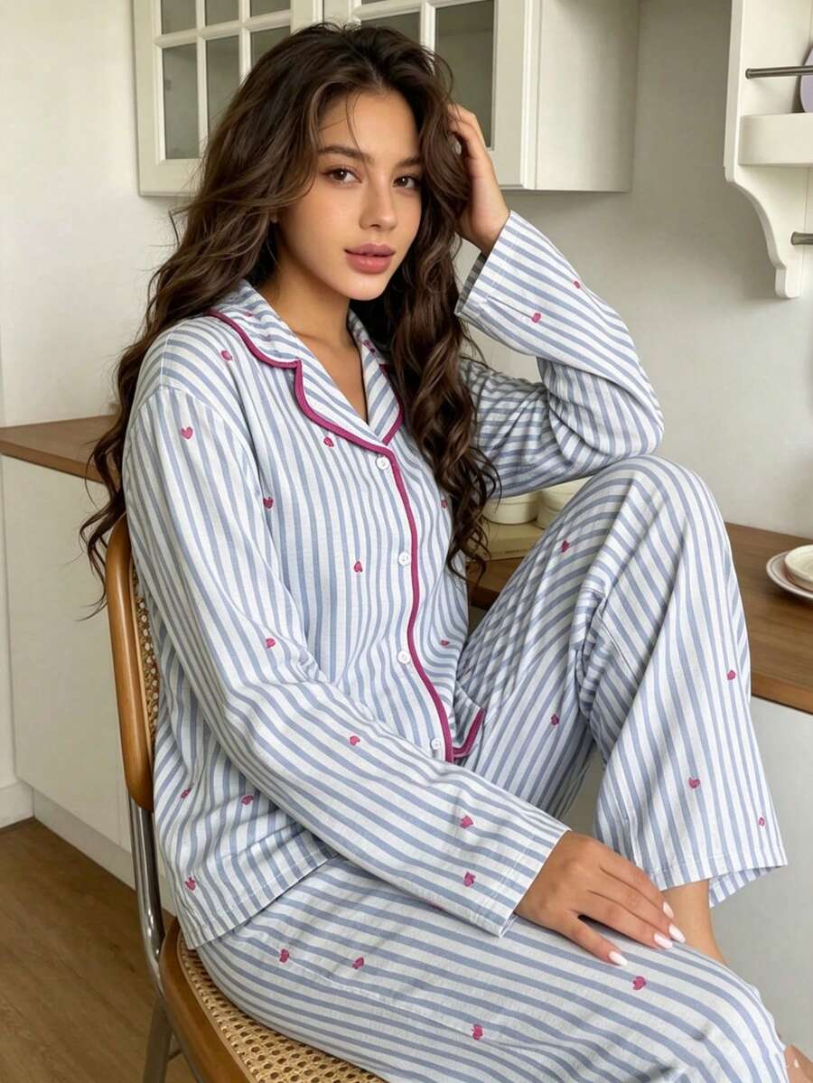 2pcs Women's Striped Print Long Sleeve Top + Elastic Straight Leg Pants Loungewear Set - Blue - View 1