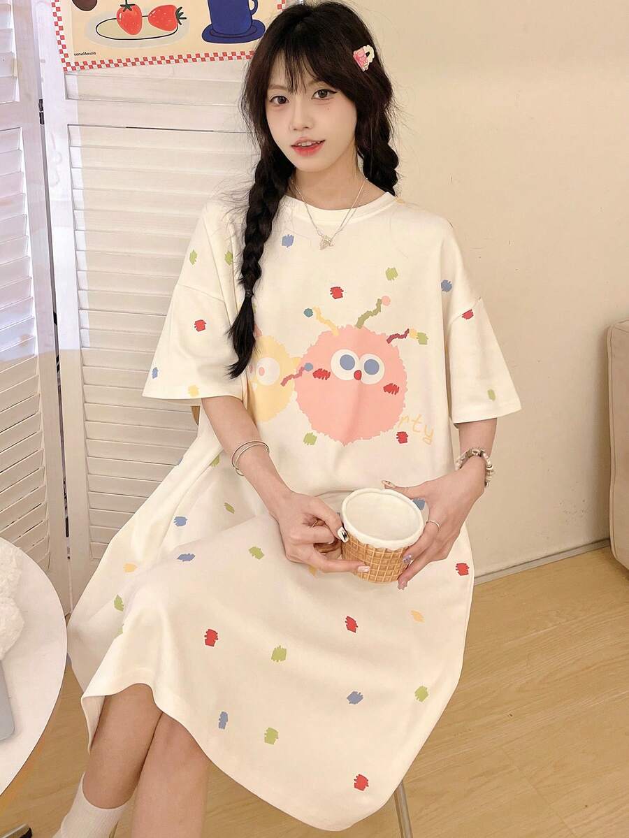 女士夏季无袖睡袍 - 卡通可爱风格,数码印花,涤纶,合身落肩睡衣,Moo Moo 睡裙 - 白色 - 查看 1