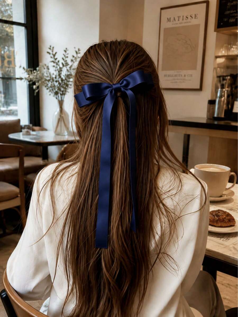 1 pieza Clip de pelo con lazo de satén azul marino, clip de pelo con lazo de cinta larga para mujer, adecuado para uso diario, accesorio de pelo vintage para boda y fiesta, accesorio de pelo pin francés, accesorios de pelo para mujer - Azul Marino - Ver 1