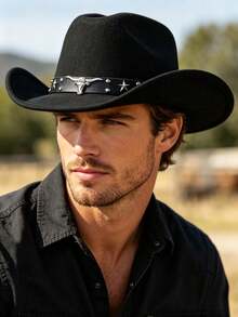 1pc Unisex Bull Head Decor Felt Hat, Casual Cowboy Hat, Elegant, Suitable For Travel, Party, Western Cowboy Theme Party And Daily Wear - Trim - View 11