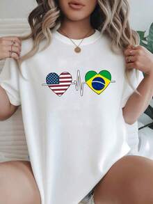 Women's Black T-Shirt With USA And Brazil Heartbeat Design - Casual Short Sleeve Tee For Summer And Spring - Perfect For Sports Fans And Patriotic Eve - White - View 8