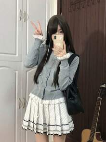 Cardigan Rajut Renda Lembut Gaya Korea yang Imut dengan Leher Bulat - Grey - View 3