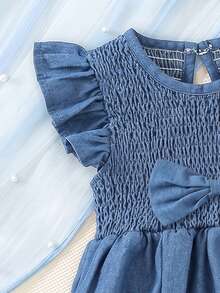 Infant Girls Denim Bubble Romper With Ruffle Sleeves, One-Piece Jumpsuit, Bow Decor, Cute Summer Outfit - Medium Wash - View 5