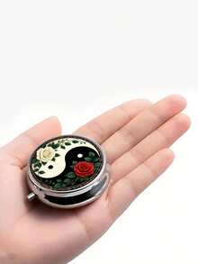1pc Yin Yang & Red White Rose Pill Box - 3-Layer Portable Medicine Storage Box, Compact Wallet-Style Pill Case, Travel Pill Box, Traditional Chinese Design - Multicolor - View 3