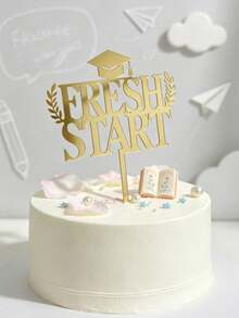 3件組奢華金色反光學術蛋糕裝飾，顯眼「Fresh Start」字體設計，飾有學士帽與雙桂冠枝，鏡面光澤，適合學校里程碑慶祝甜點擺盤佈局 - E - 查看 7