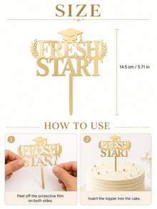 3件組奢華金色反光學術蛋糕裝飾，顯眼「Fresh Start」字體設計，飾有學士帽與雙桂冠枝，鏡面光澤，適合學校里程碑慶祝甜點擺盤佈局 - E - 查看 8