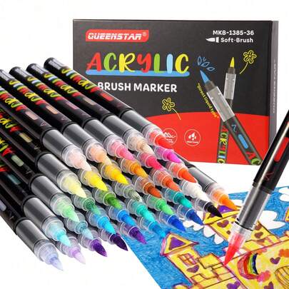 1 Box Of 12/24/36/48 Color Straight Liquid Soft Head Acrylic Marker Pen Set, Student Non Permeable Stackable Art Brush Interest Class Painting Waterco