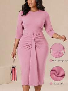 NOU Women's Mid-Length Pleated Dress With Waist Sash Decor, Formal Church Attire, Elegant Workwear, Fashion Green Solid Color Pleated Midi Dress, Wais - Pink - View 1