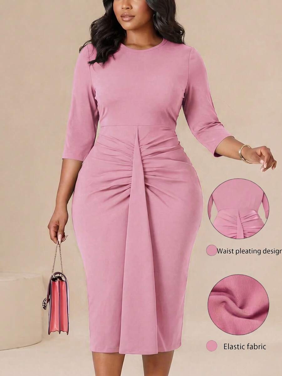 NOU Women's Mid-Length Pleated Dress With Waist Sash Decor, Formal Church Attire, Elegant Workwear, Fashion Green Solid Color Pleated Midi Dress, Wais - Pink - View 1