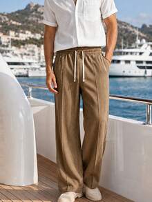 Men's Elastic Waist Loose Casual Pants, Lightweight Breathable Pockets Solid Color Street Style Trousers Sports - Khaki - View 9