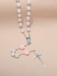 1pc Pearl Rose Cross Necklace, Virgin Mary & Jesus Christ Cross Pendant - Pink - View 6