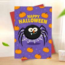 1 Greeting Card + 1 Envelope Adorable Halloween Greeting Card, Cute Spider With Pumpkins Pattern "Happy Halloween", Perfect For Friends, Spooky Festive Cartoon Style. - View 11