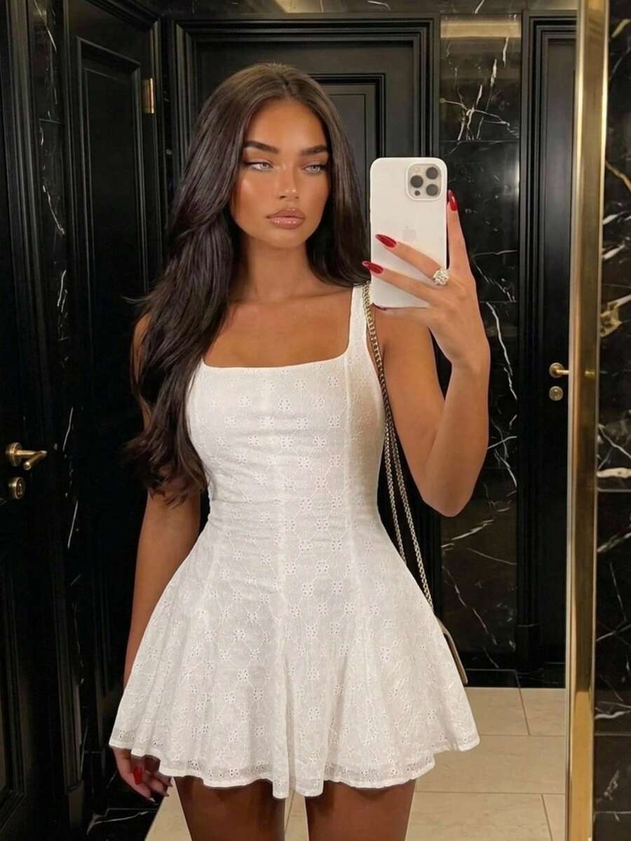 SHEBARA WHITE LACE FLARE LINED MINI DRESS - White - View 1