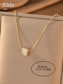Hihho 1pc French Style Square Zirconia Collarbone Necklace, Soft Snake Chain, Minimalist Commute & Date Exquisite Jewelry - Ladder Square - View 5