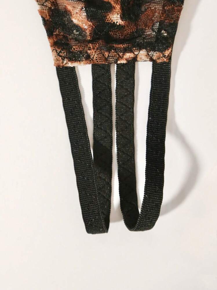 Wild Cupless Leopard Print Lace Patchwork Mesh Open Crotch Panties Women's Sexy Lingerie Set - Mocha Brown - View 6