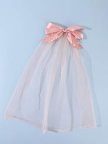 2/1pc Women's Handmade Beaded Pink Satin Ribbon Bow Mesh Veil Alligator Hair Clip, Minimalist Romantic Style, Suitable For High School Graduation Ceremony, Campus Prom, Wedding Party And Back To School Outfit - Multicolor - View 3