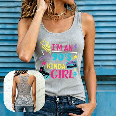 1 PC Women Sheer Floral Lace Racerback 90s Kinda Girl Graphic Tank, Y2K Vintage Style, Concert Music Festival, For Teens_01