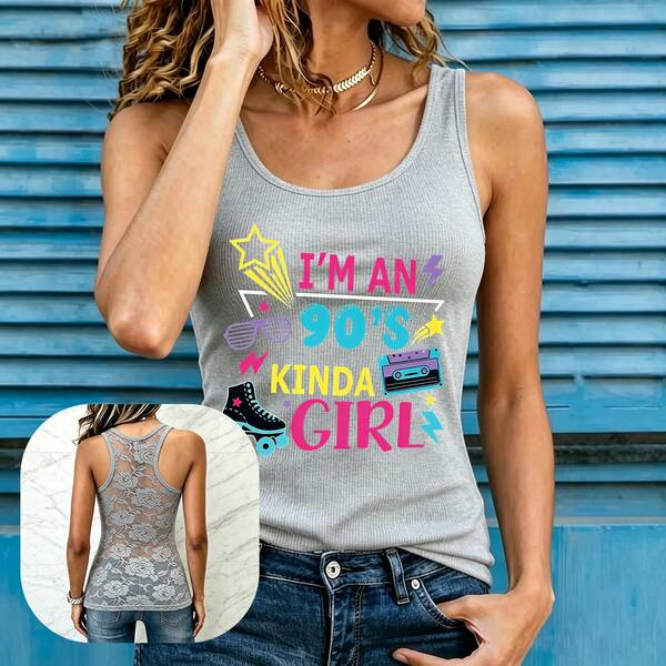 1 PC Women Sheer Floral Lace Racerback 90s Kinda Girl Graphic Tank, Y2K Vintage Style, Concert Music Festival, For Teens_01