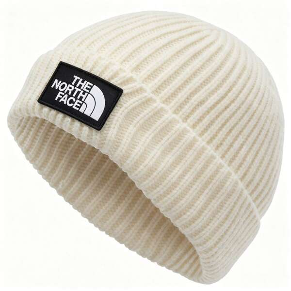The North Face Logo Box Cuffed Beanie – Unisex Ribbed Knit Winter Hat In White, Casual Outdoor Cold Weather Cap