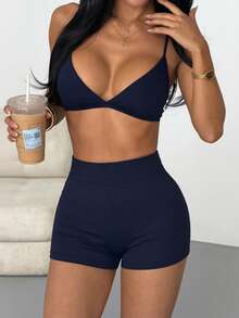 Ensemble 2 pièces d'été décontracté couleur unie style de rue mode sexy top court et short élégant - Bleu marine - Voir 6
