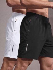 2pcs Men's Quick-Dry Sports Shorts With Reflective Stripes, Pockets, Zipper Waist And Drawstring - Multicolor - View 1