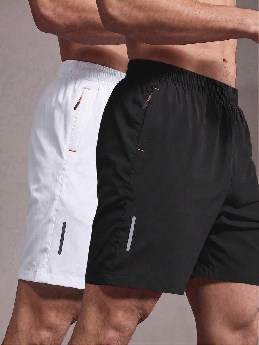 2pcs Men's Quick-Dry Sports Shorts With Reflective Stripes, Pockets, Zipper Waist And Drawstring - Multicolor - View 1