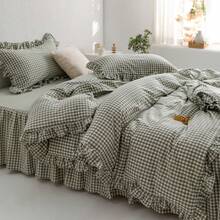 Sage Green Gingham Duvet Cover King, 3-Piece Ruffled Bedding Set - 100% Washed Cotton, Breathable Lightweight Fabric - Farmhouse Boho Chic Variant 1 - 002 Ruffle- Green Gingham - View 3