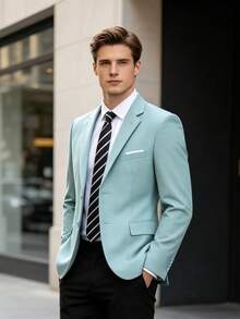 Men's Slim Fit Business Casual 2-Button Travel Suit Jacket, Solid Color Party & Ball Suit - Mint Blue - View 8