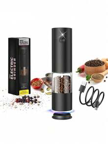 頂級 2 件組充電式電動鹽與胡椒研磨器套組，附充電底座，140ml 透明料倉，粗細可調，LED 燈，陶瓷研磨芯，頂部補料，節日入厝廚房禮物 - 彩色 - 查看 12