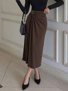 Women's Metal Buckle Pleated Elegant Midi Skirt For Office And Commute - Brown - View 5