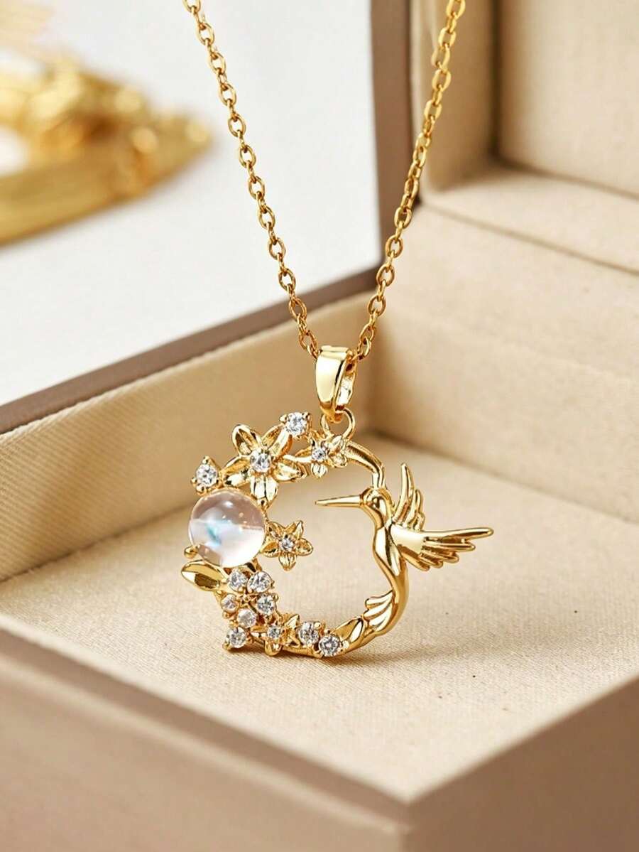 時尚優雅蜂鳥花卉圓形吊墜項鍊,配不鏽鋼鍊條,節日與生日的完美禮物 - 彩色 - 查看 1