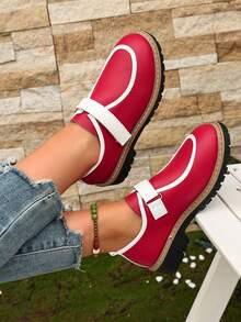 1 Pair Vintage Contrast Color Hook & Loop Loafers Women Spring/Autumn New Round Toe Versatile Casual Commute Leather Shoes - Red - View 4