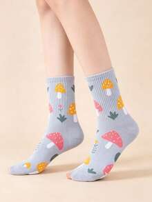 1/2/3/4/5/6 Pairs Women's Mushroom Print Mid-Calf Socks Suitable For Daily Wear - Multicolor - View 1