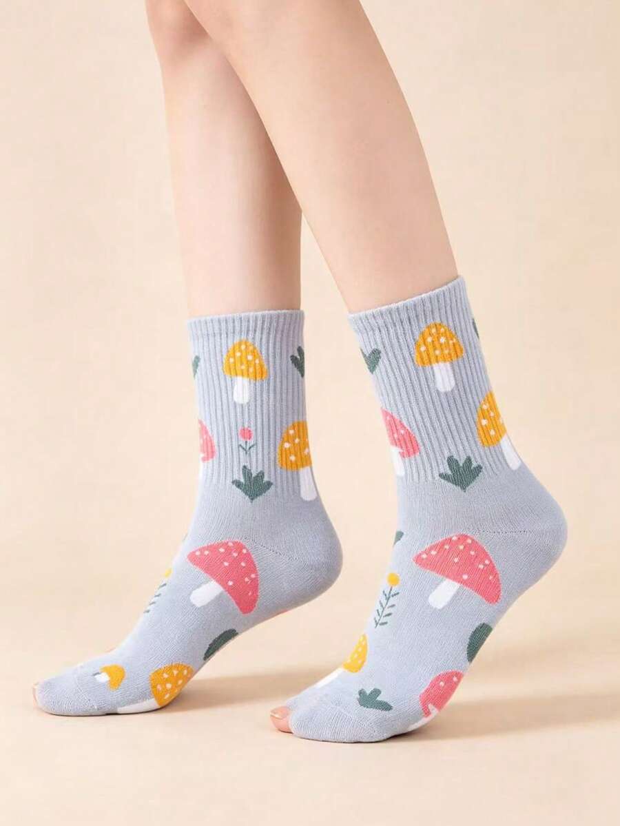 1/2/3/4/5/6 Pairs Women's Mushroom Print Mid-Calf Socks Suitable For Daily Wear - Multicolor - View 1