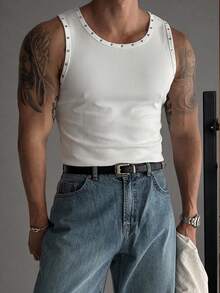 WAIT HIM Men's Sleeveless Ribbed Tank Top, Metal Rivet Decor On Neckline And Armholes, Classic Crew Neck, Casual Summer Essential - White - View 2