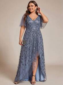 EVERPRETTY Plus Size Elegant Women's Long Evening Dress, Short Sleeve Design, Autumn Wedding Guest Evening Gown Fall - Dusty Blue - View 5