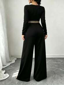 Plus Size Women's Elegant Fitted Spaghetti Strap Jumpsuit, Gold Sequin Trim On Straps And Chest, With Pockets, Wide Leg Style, Suitable For Parties And Banquets - Black - View 5